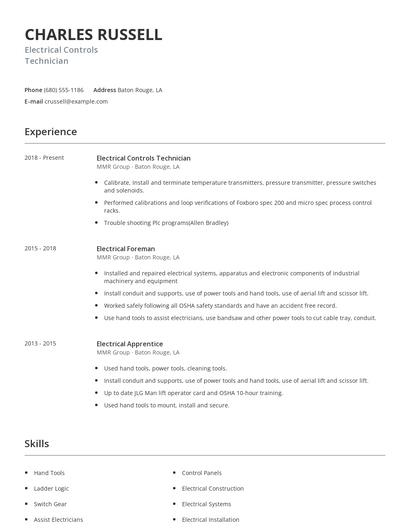 Electrical Controls Technician Resume