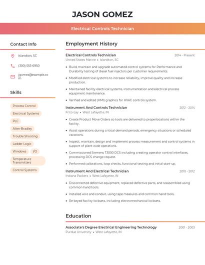 Electrical Controls Technician Resume