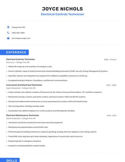 Electrical Controls Technician Resume