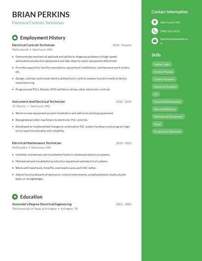 Electrical Controls Technician Resume