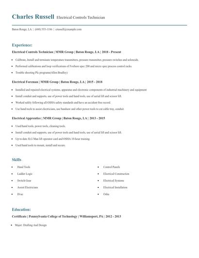 Electrical Controls Technician Resume