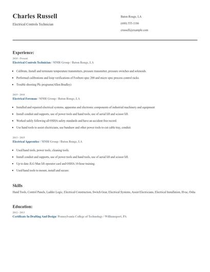Electrical Controls Technician Resume