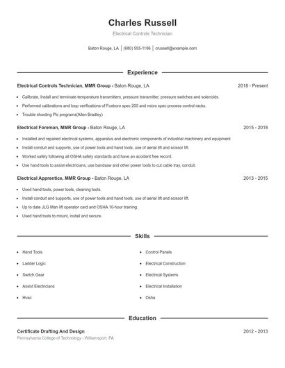 Electrical Controls Technician Resume