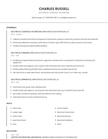 Electrical Controls Technician Resume