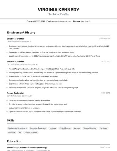 Electrical Drafter Resume