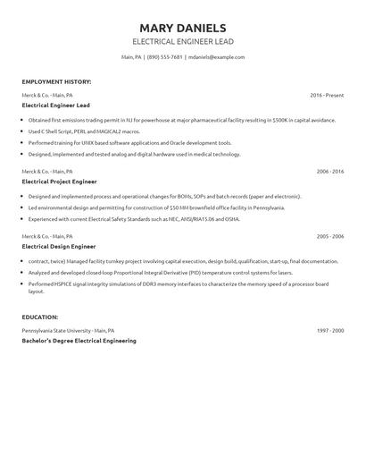 Electrical Engineer Lead Resume
