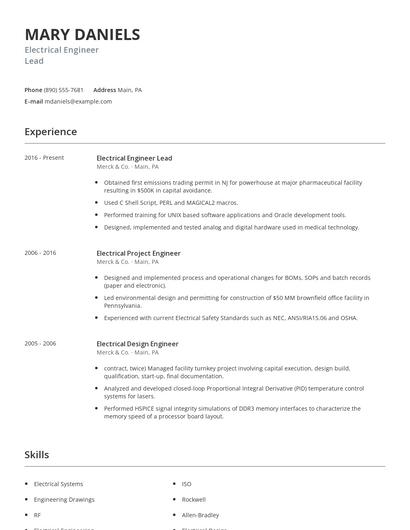 Electrical Engineer Lead Resume