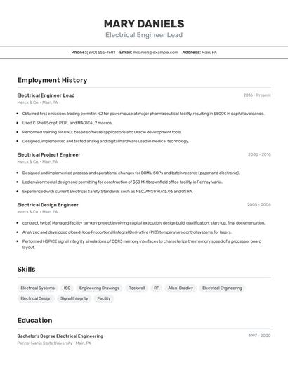 Electrical Engineer Lead Resume
