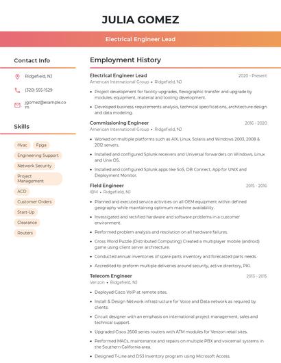 Electrical Engineer Lead Resume
