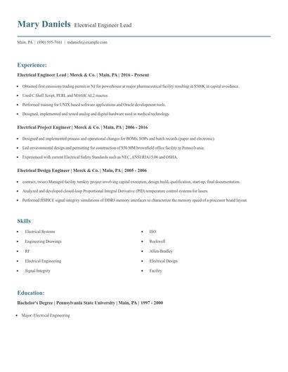 Electrical Engineer Lead Resume