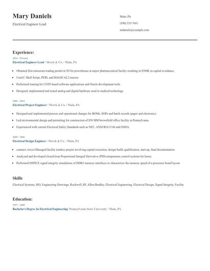 Electrical Engineer Lead Resume