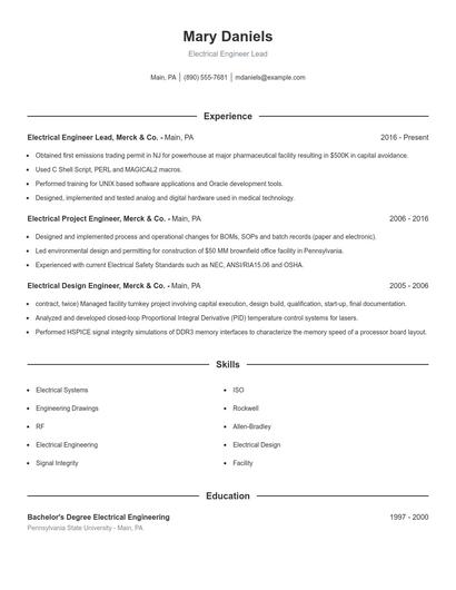 Electrical Engineer Lead Resume