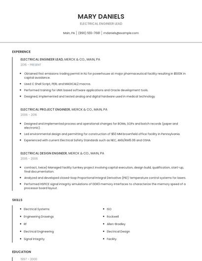 Electrical Engineer Lead Resume