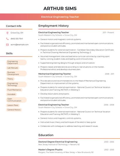 Electrical Engineering Teacher Resume