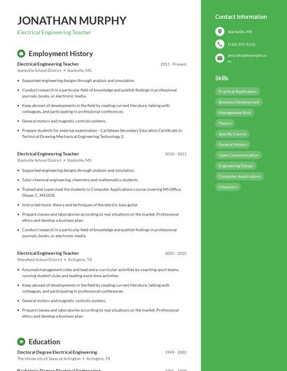 Electrical Engineering Teacher Resume