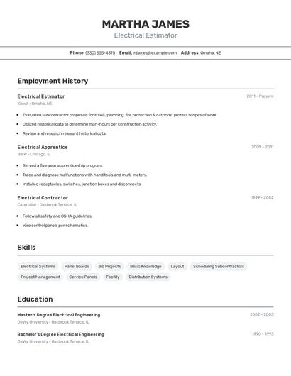 Electrical Estimator Resume