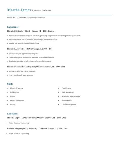 Electrical Estimator Resume