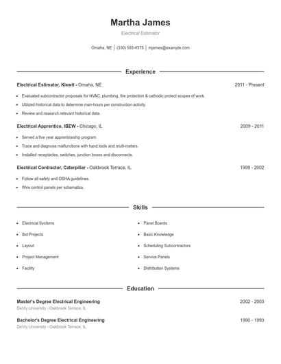 Electrical Estimator Resume
