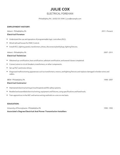 Electrical Foreman Resume