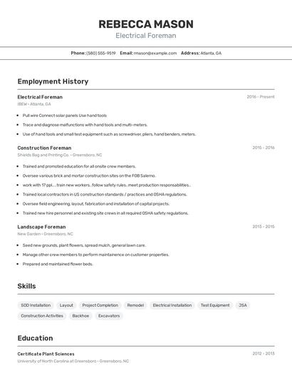 Electrical Foreman Resume