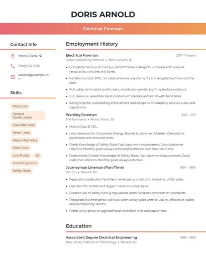 Electrical Foreman Resume