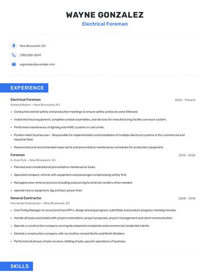 Electrical Foreman Resume