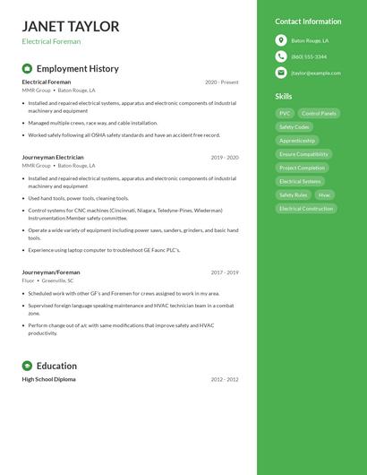Electrical Foreman Resume