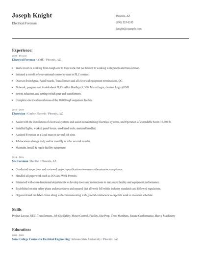 Electrical Foreman Resume