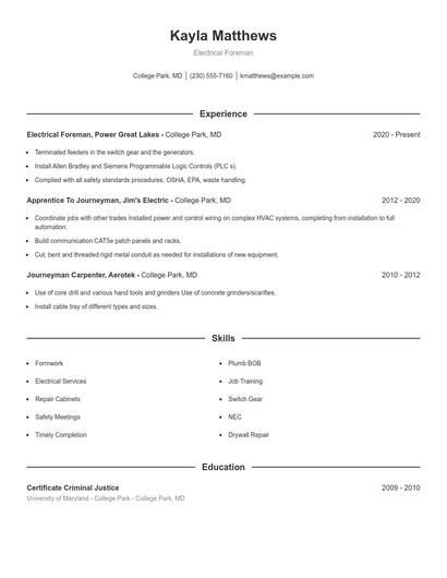 Electrical Foreman Resume