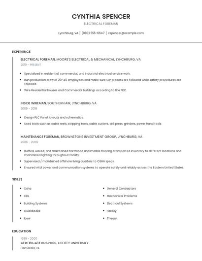 Electrical Foreman Resume