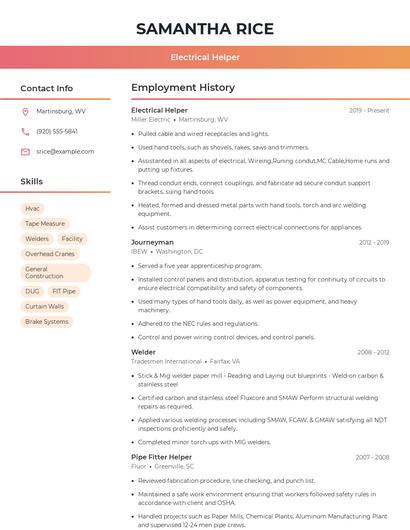 Electrical Helper Resume