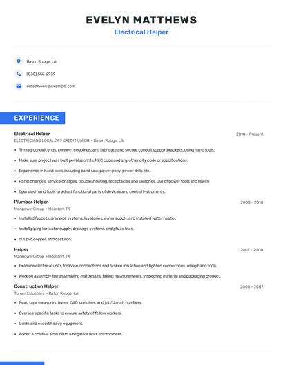 Electrical Helper Resume