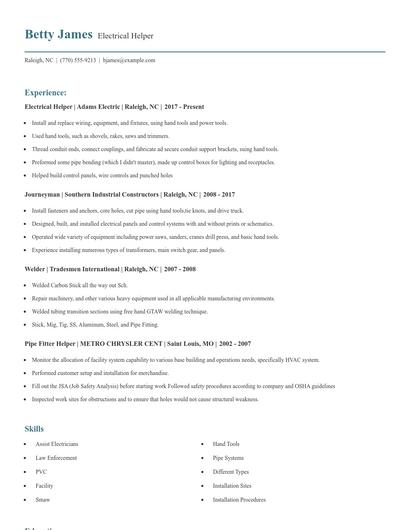 Electrical Helper Resume