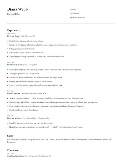 Electrical Helper Resume