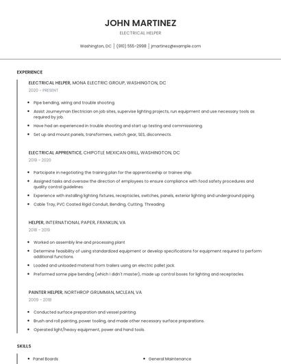 Electrical Helper Resume