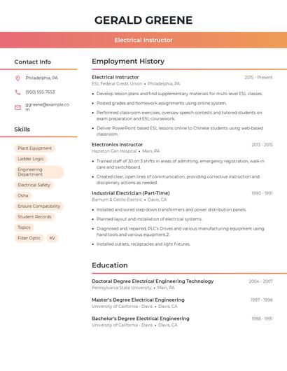 Electrical Instructor Resume