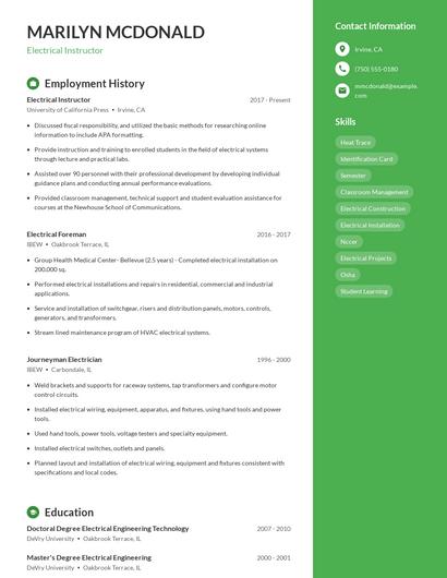 Electrical Instructor Resume