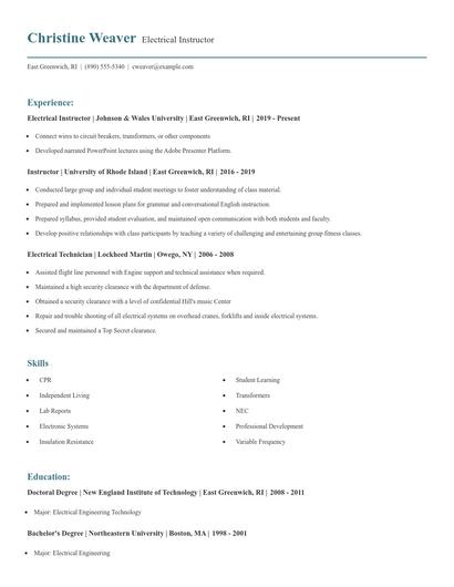 Electrical Instructor Resume