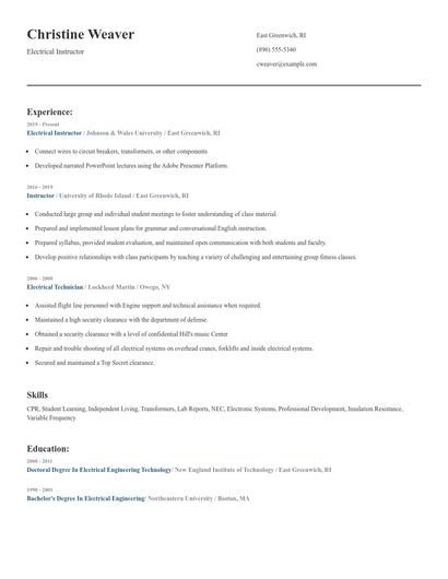 Electrical Instructor Resume