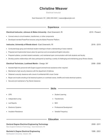 Electrical Instructor Resume