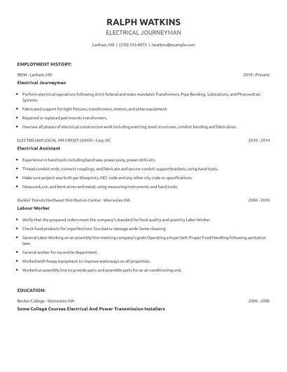 Electrical Journeyman Resume