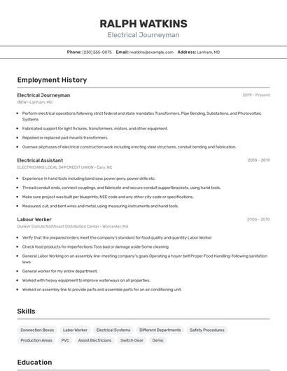 Electrical Journeyman Resume