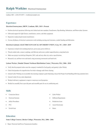 Electrical Journeyman Resume