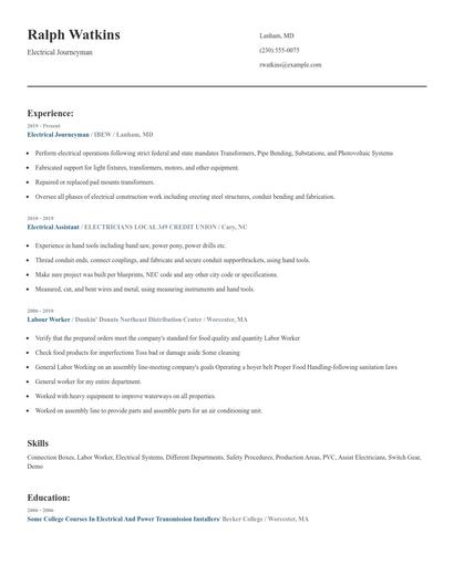Electrical Journeyman Resume