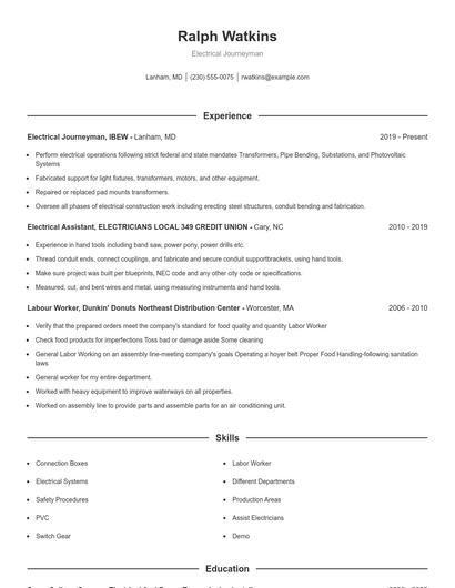 Electrical Journeyman Resume