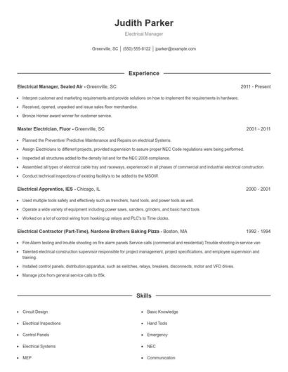 Electrical Manager Resume