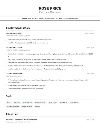 Electrical Mechanic Resume