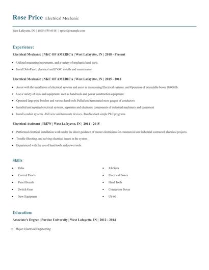 Electrical Mechanic Resume