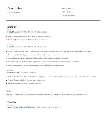 Electrical Mechanic Resume