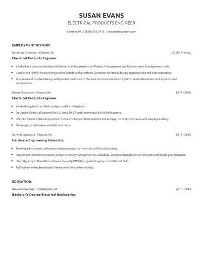 Electrical Products Engineer Resume